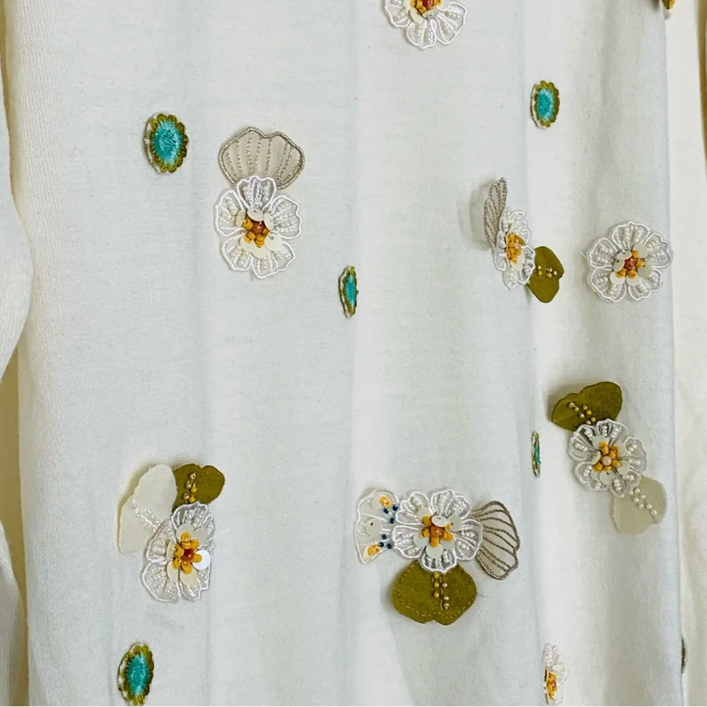 Lace Collar Crew Neck Sweater Large Cream 3D Flowers Embroidered Beaded Sequins